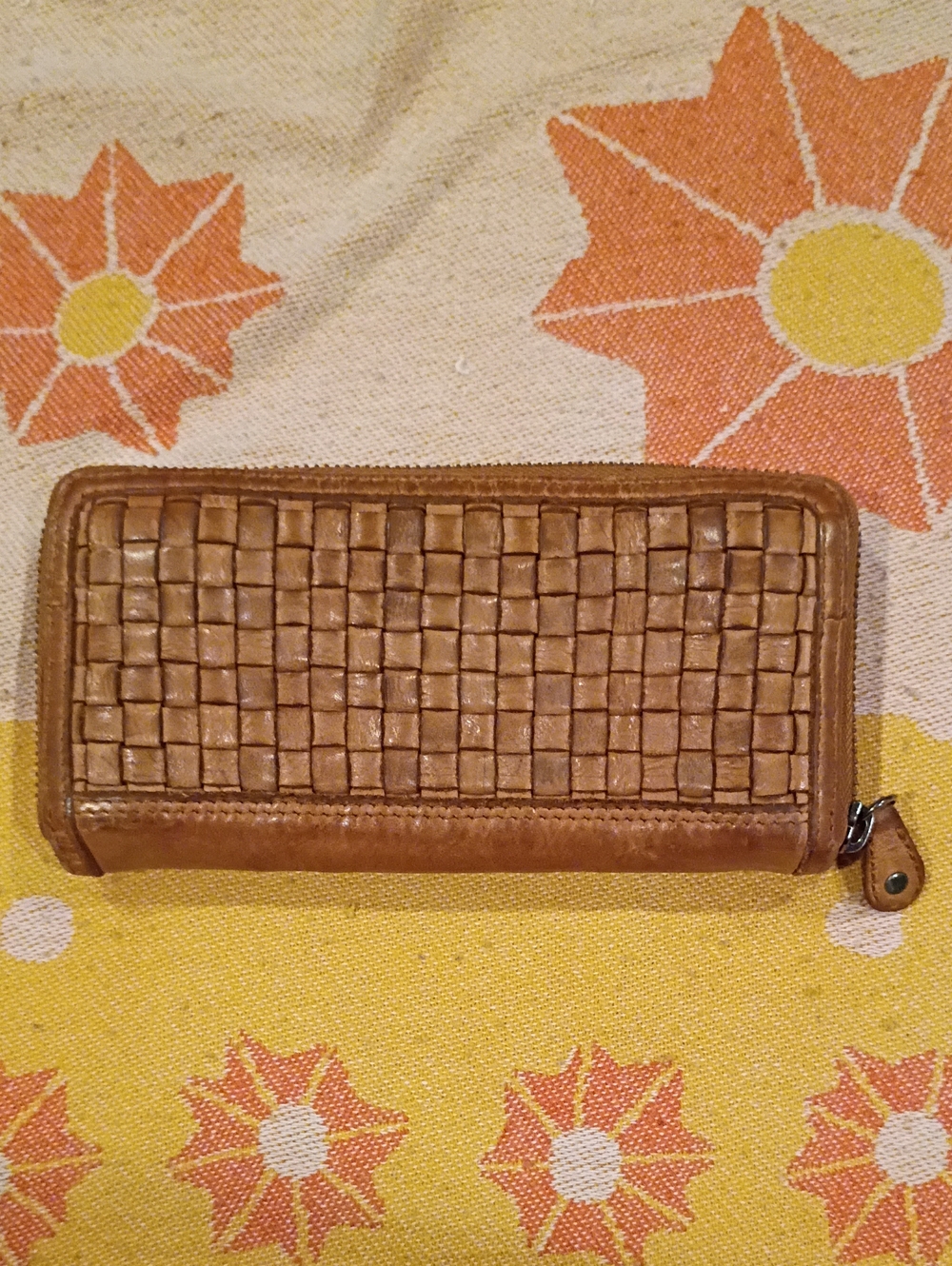 Zoa Tan Weave Leather Wallet Zipper